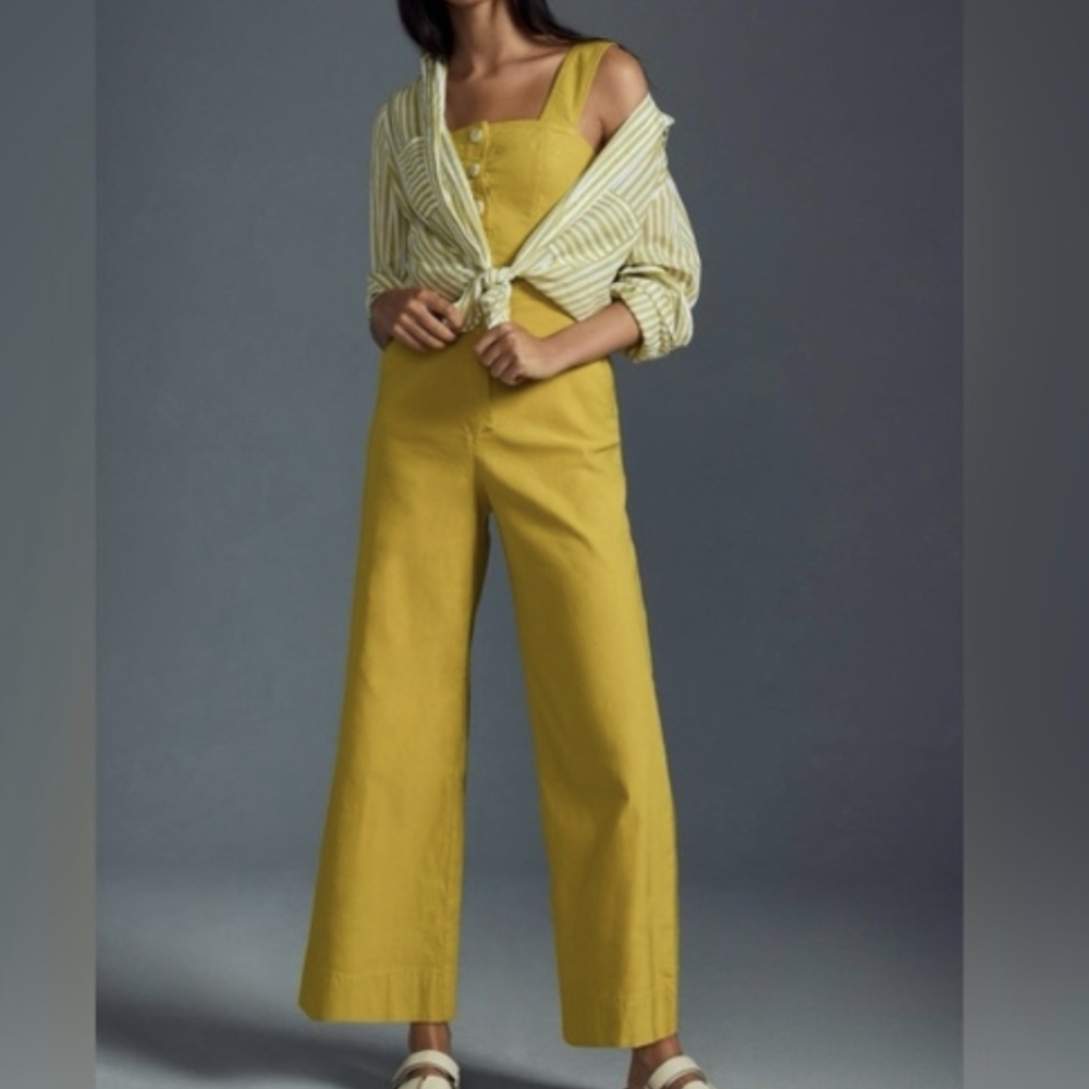 Maeve Colette Linen Blend Portside button front Wide Leg jumpsuit Anthropologie